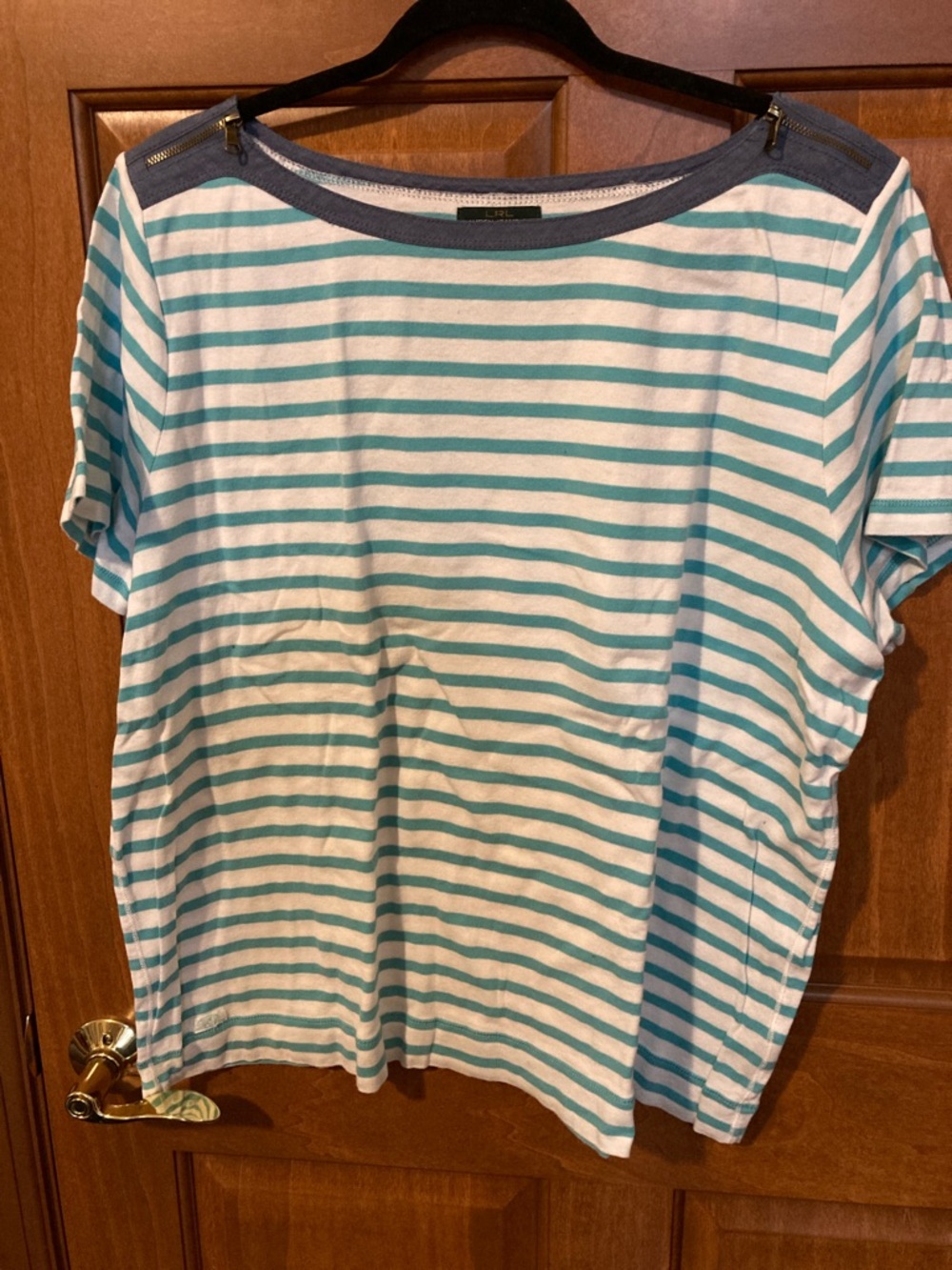 Ralph Lauren Striped Tee in White & Aqua with Denim Trim